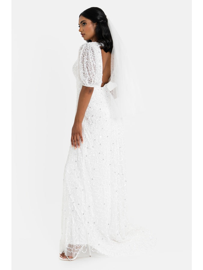 Maya Bridal Embellished V Neck Maxi Dress with Keyhole Back & Train