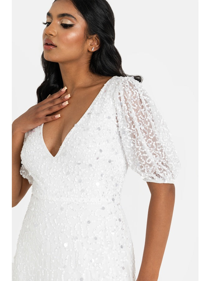 Maya Bridal Embellished V Neck Maxi Dress with Keyhole Back & Train