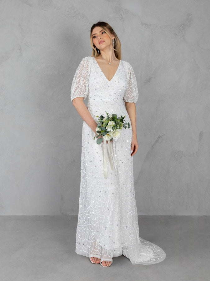 Maya Bridal Embellished V Neck Maxi Dress with Keyhole Back & Train