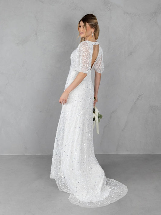 Maya Bridal Embellished V Neck Maxi Dress with Keyhole Back & Train