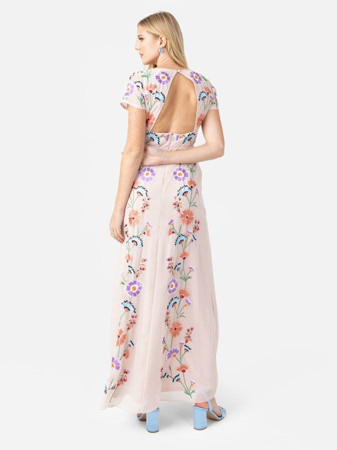 Maya Floral Embroidery & Faux Button Front Maxi Dress
