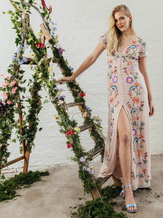 Maya Floral Embroidery & Faux Button Front Maxi Dress