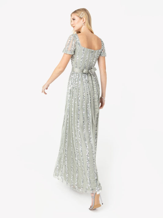 Maya Sage Green Stripe Embellished Square Neck Maxi Dress