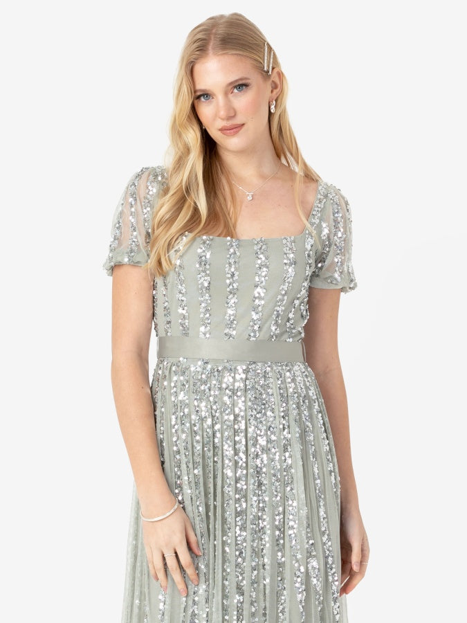 Maya Sage Green Stripe Embellished Square Neck Maxi Dress