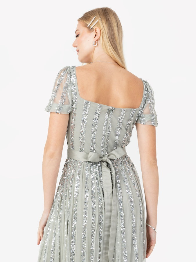Maya Sage Green Stripe Embellished Square Neck Maxi Dress
