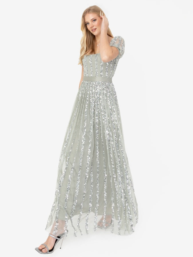 Maya Sage Green Stripe Embellished Square Neck Maxi Dress