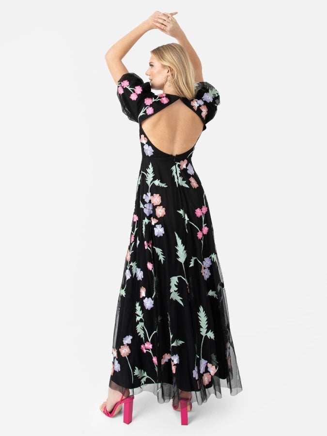 Maya Floral Embroidery & Open Back Black Maxi Dress