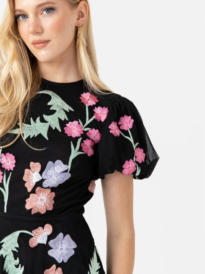 Maya Floral Embroidery & Open Back Black Maxi Dress