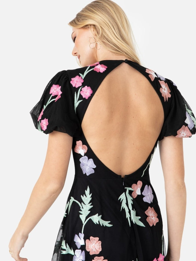 Maya Floral Embroidery & Open Back Black Maxi Dress