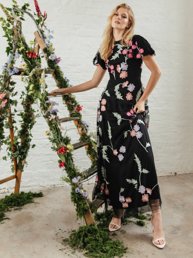 Maya Floral Embroidery & Open Back Black Maxi Dress