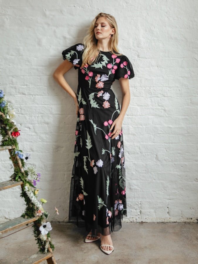 Maya Floral Embroidery & Open Back Black Maxi Dress