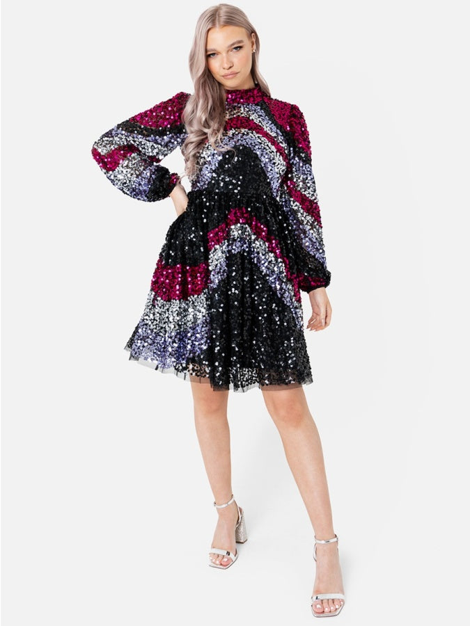 Maya Fully Embellished Chevron Mini Dress with Keyhole Back