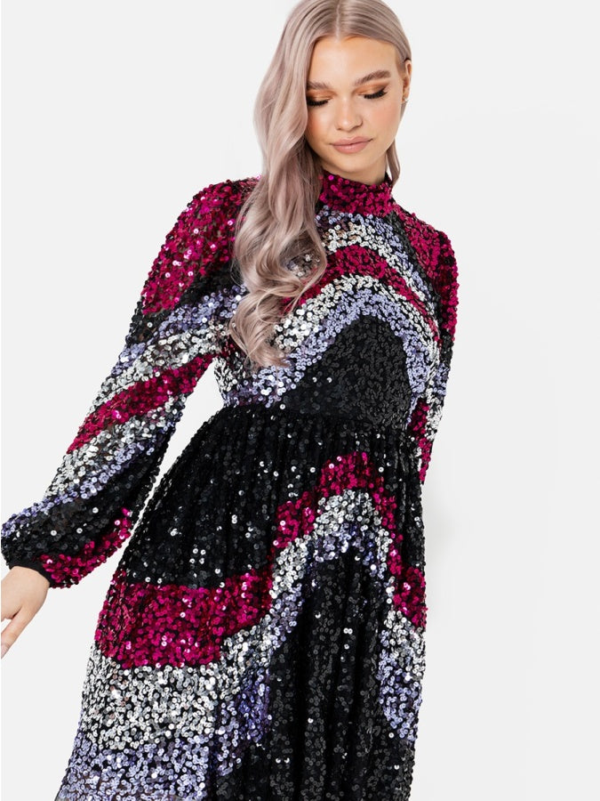 Maya Fully Embellished Chevron Mini Dress with Keyhole Back