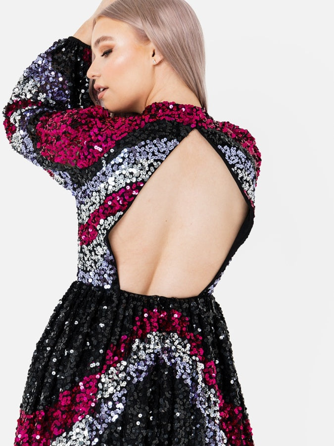 Maya Fully Embellished Chevron Mini Dress with Keyhole Back