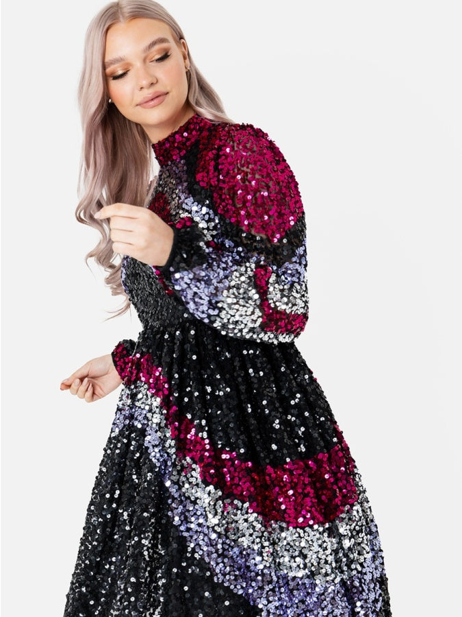 Maya Fully Embellished Chevron Mini Dress with Keyhole Back