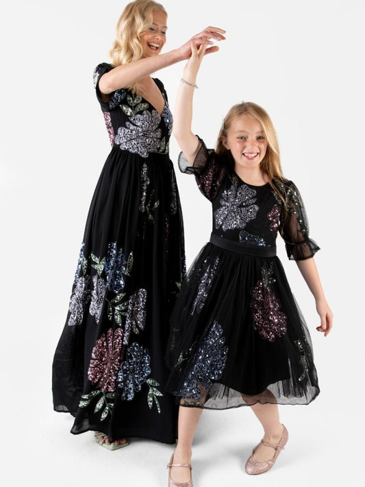 Mini Maya Black Floral Embellished Midi Dress