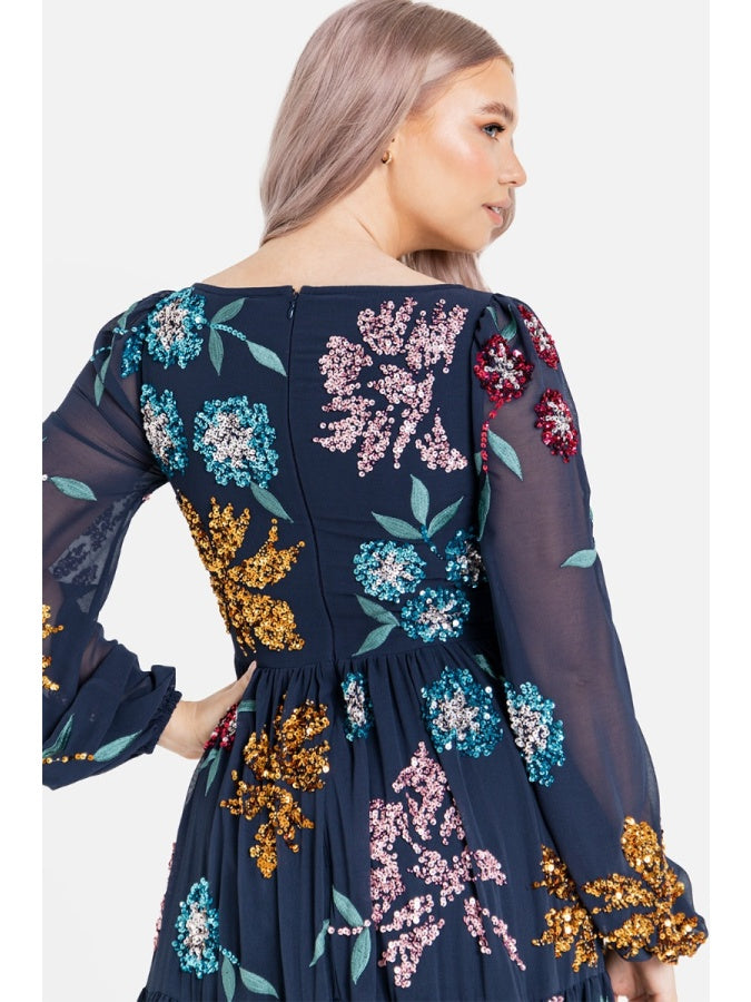 Maya Floral Embellished Navy Maxi Dress with Thigh Split