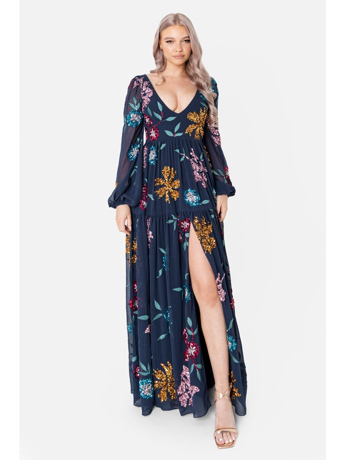 Maya Floral Embellished Navy Maxi Dress with Thigh Split