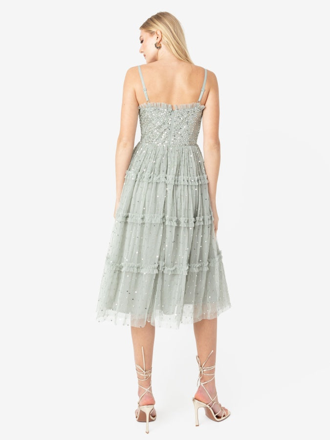 Maya Sage Green Embellished Cami Midi Dress with Frill Detail