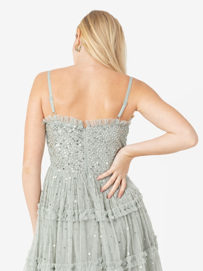 Maya Sage Green Embellished Cami Midi Dress with Frill Detail