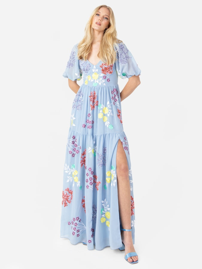 Maya Blue Keyhole Back Floral Maxi Dress with Thigh Split
