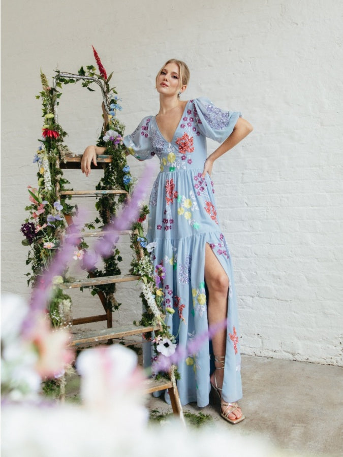 Maya Blue Keyhole Back Floral Maxi Dress with Thigh Split