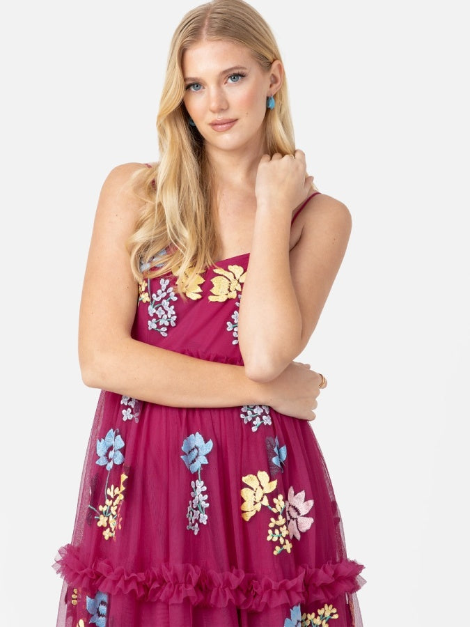 Maya Pink Embroidered Cami Midaxi Dress with Frill Detail