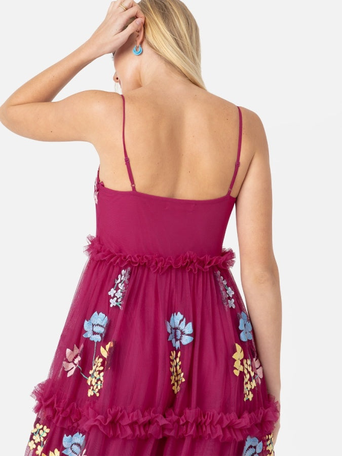 Maya Pink Embroidered Cami Midaxi Dress with Frill Detail