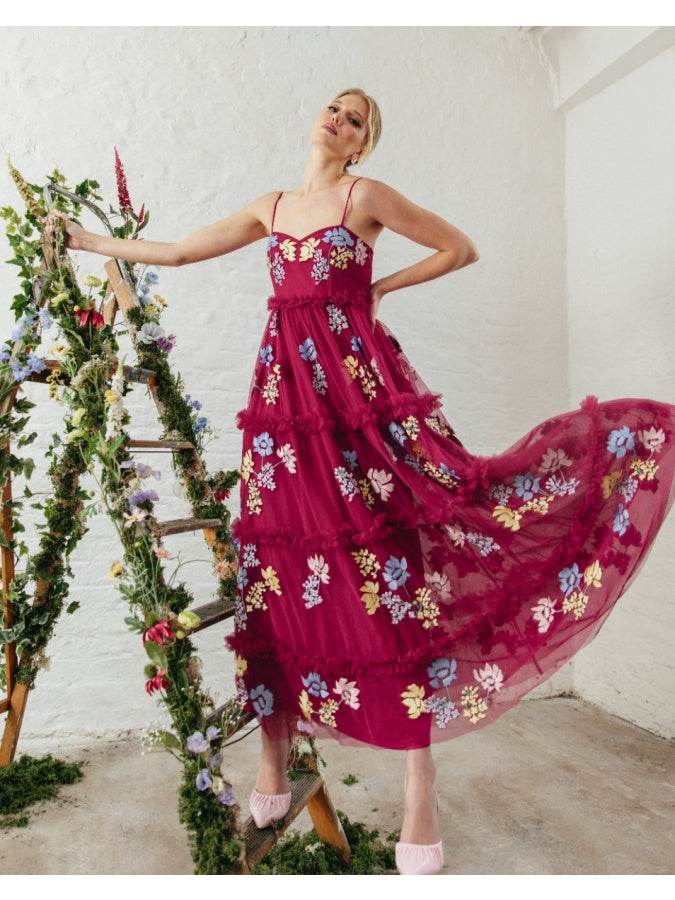 Maya Pink Embroidered Cami Midaxi Dress with Frill Detail