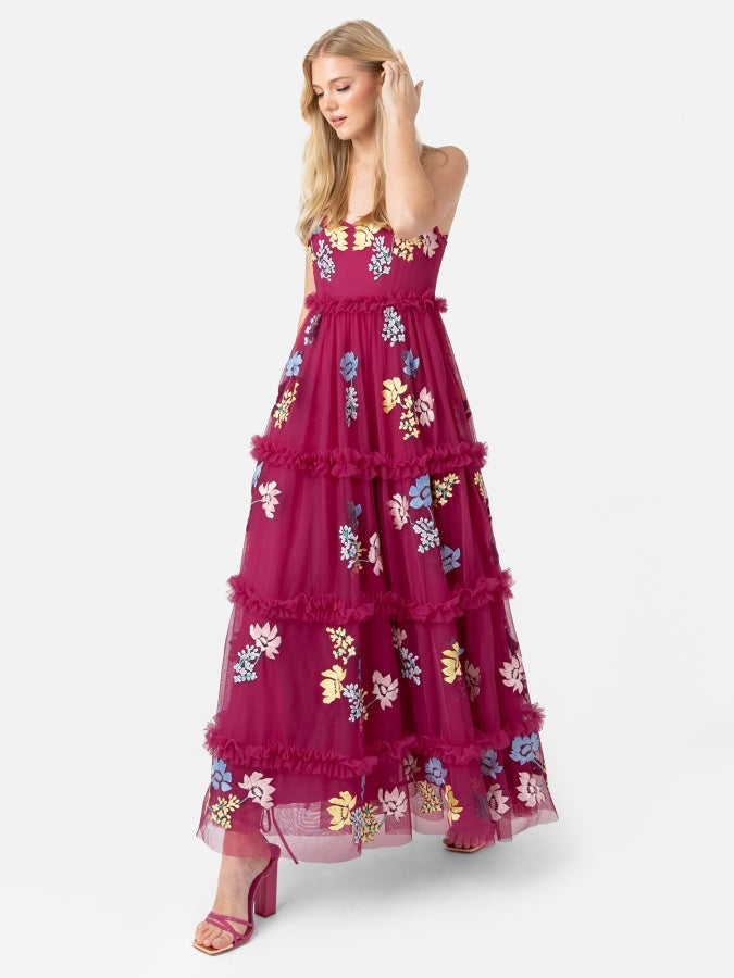 Maya Pink Embroidered Cami Midaxi Dress with Frill Detail