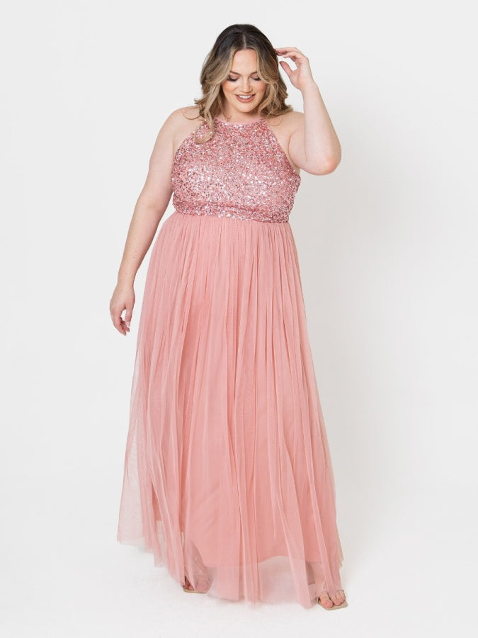 Maya Blossom Pink Embellished Halter Neck Maxi Dress