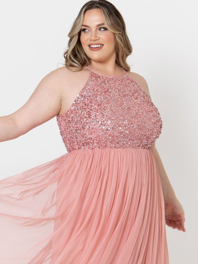 maya halter dress in pink sequin Maya Halter Neck Floral Embellished Maxi Dress, Soft Pink