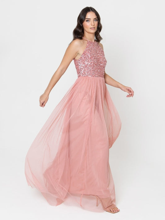 Maya Blossom Pink Embellished Halter Neck Maxi Dress