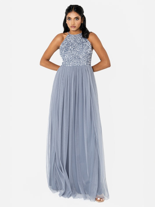 Maya Dusty Blue Embellished Halter Neck Maxi Dress