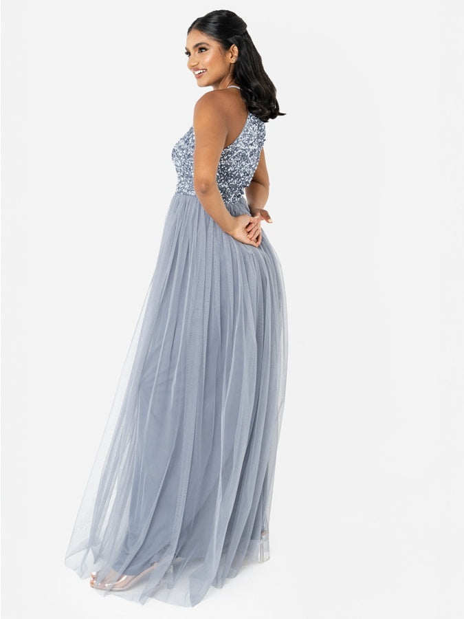 Maya Dusty Blue Embellished Halter Neck Maxi Dress