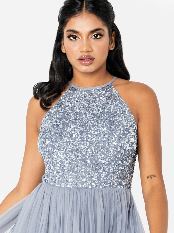 Maya Dusty Blue Embellished Halter Neck Maxi Dress