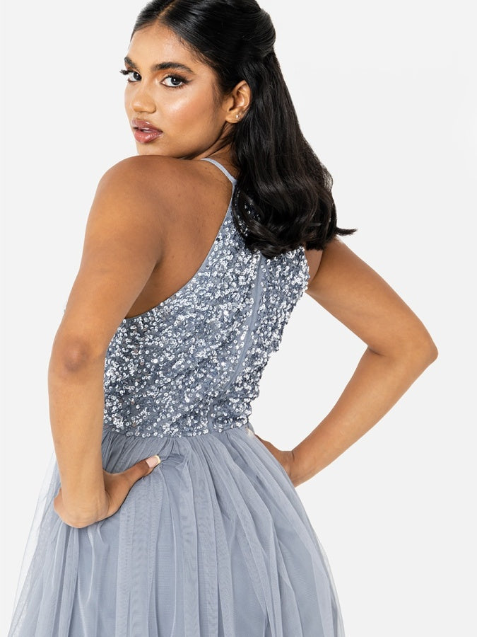 Maya Dusty Blue Embellished Halter Neck Maxi Dress