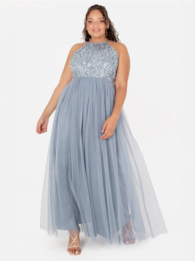 Maya Dusty Blue Embellished Halter Neck Maxi Dress