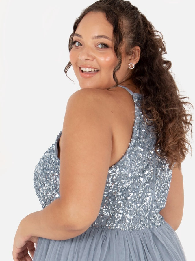 Maya Dusty Blue Embellished Halter Neck Maxi Dress