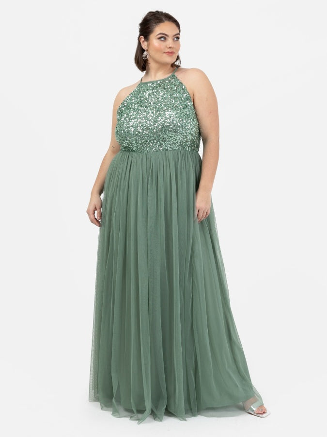 Maya Dark Sage Green Embellished Halter Neck Maxi Dress