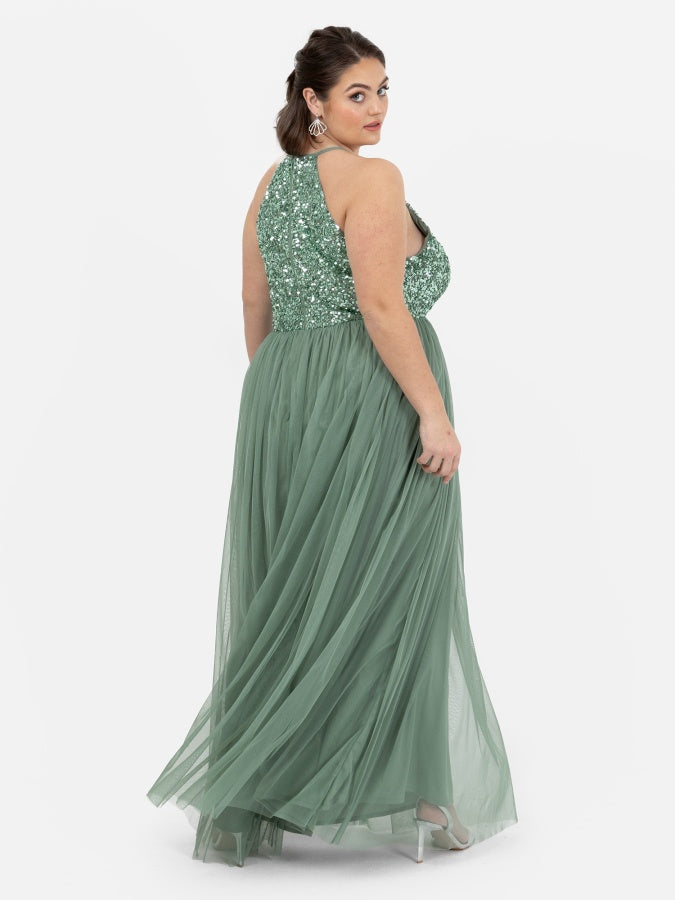 Maya Dark Sage Green Embellished Halter Neck Maxi Dress