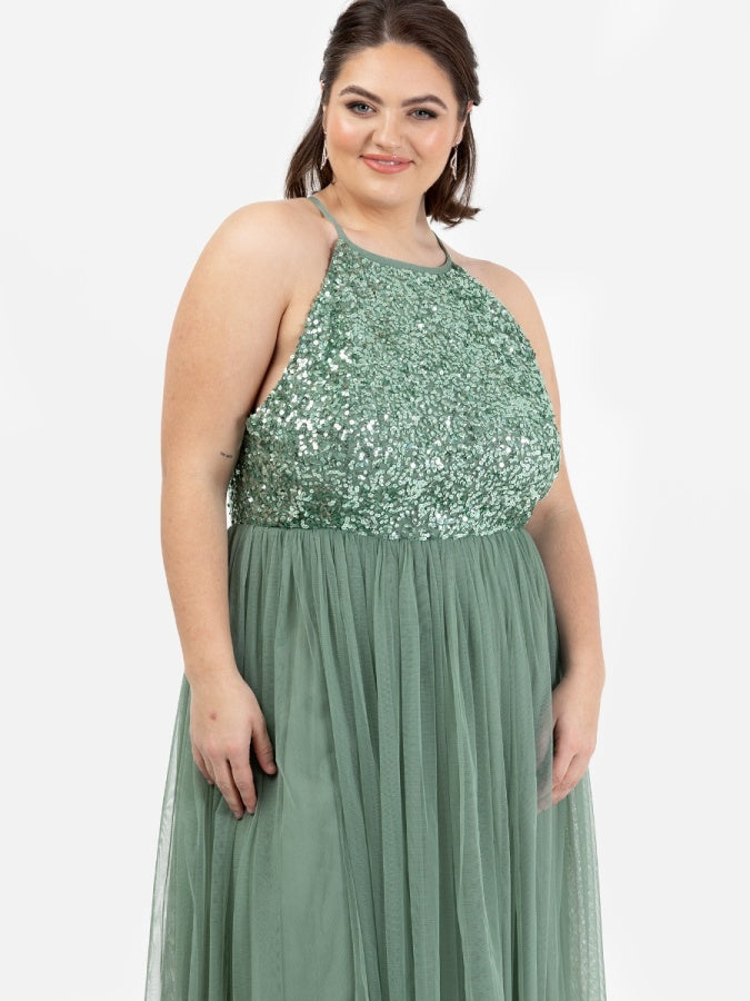 Maya Dark Sage Green Embellished Halter Neck Maxi Dress