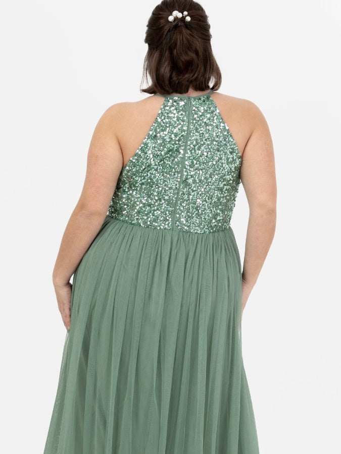 Maya Dark Sage Green Embellished Halter Neck Maxi Dress