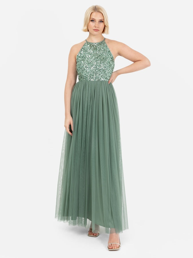 Maya Dark Sage Green Embellished Halter Neck Maxi Dress