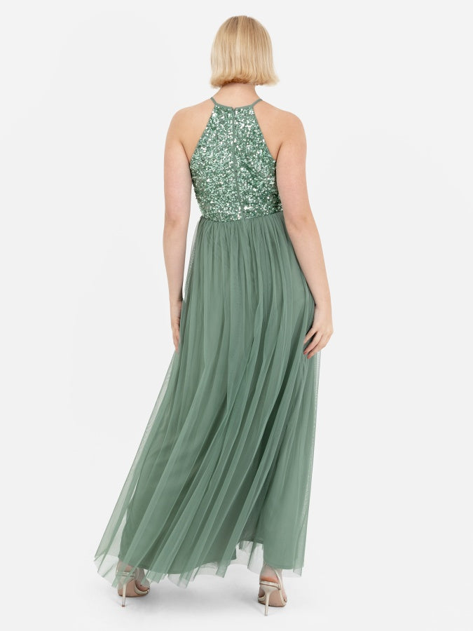 Maya Dark Sage Green Embellished Halter Neck Maxi Dress