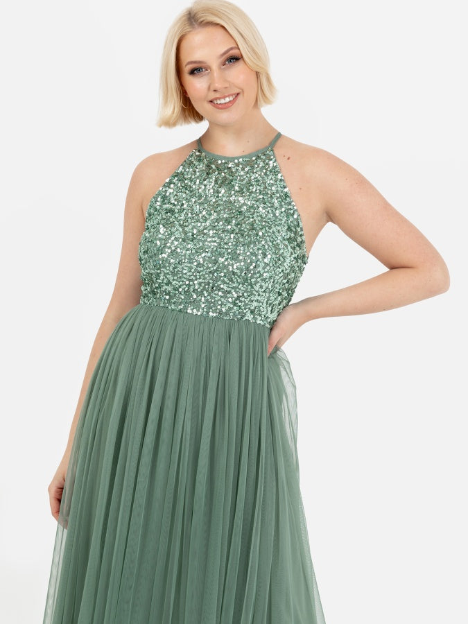 Maya Dark Sage Green Embellished Halter Neck Maxi Dress