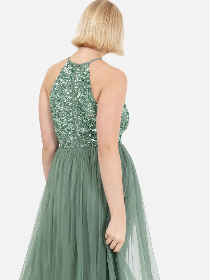 Maya Dark Sage Green Embellished Halter Neck Maxi Dress