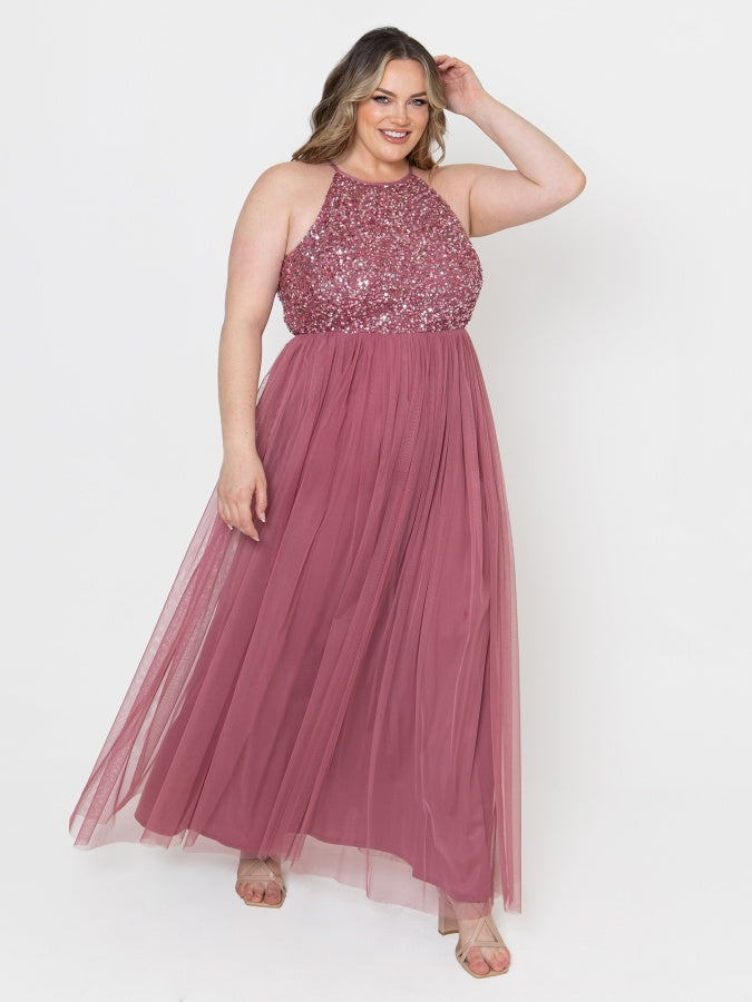 Maya Desert Rose Embellished Halter Neck Maxi Dress