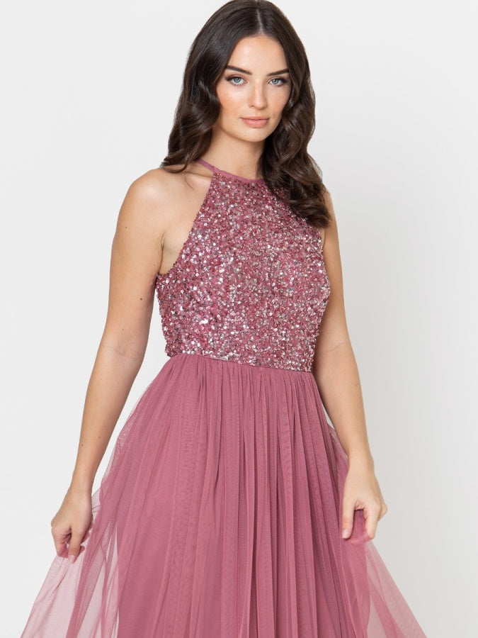 Maya Desert Rose Embellished Halter Neck Maxi Dress