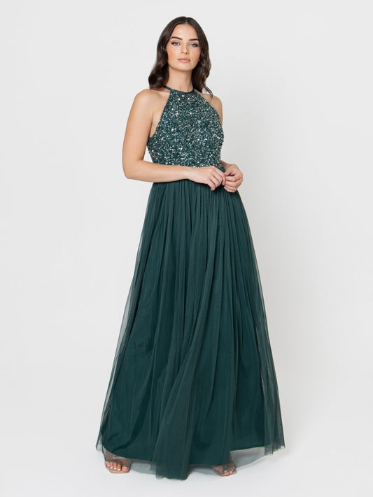 Maya Emerald Green Embellished Halter Neck Maxi Dress